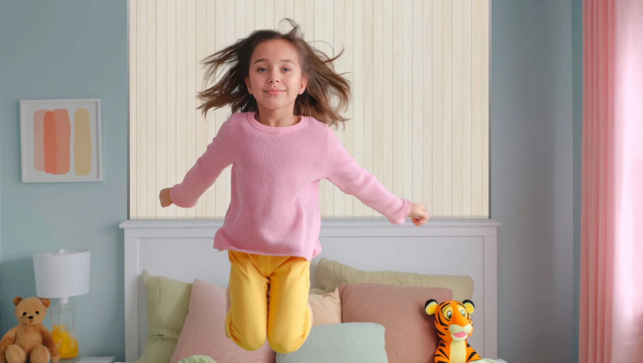 Ein Mädchen springt fröhlich auf und ab in ihrem Kinderzimmer