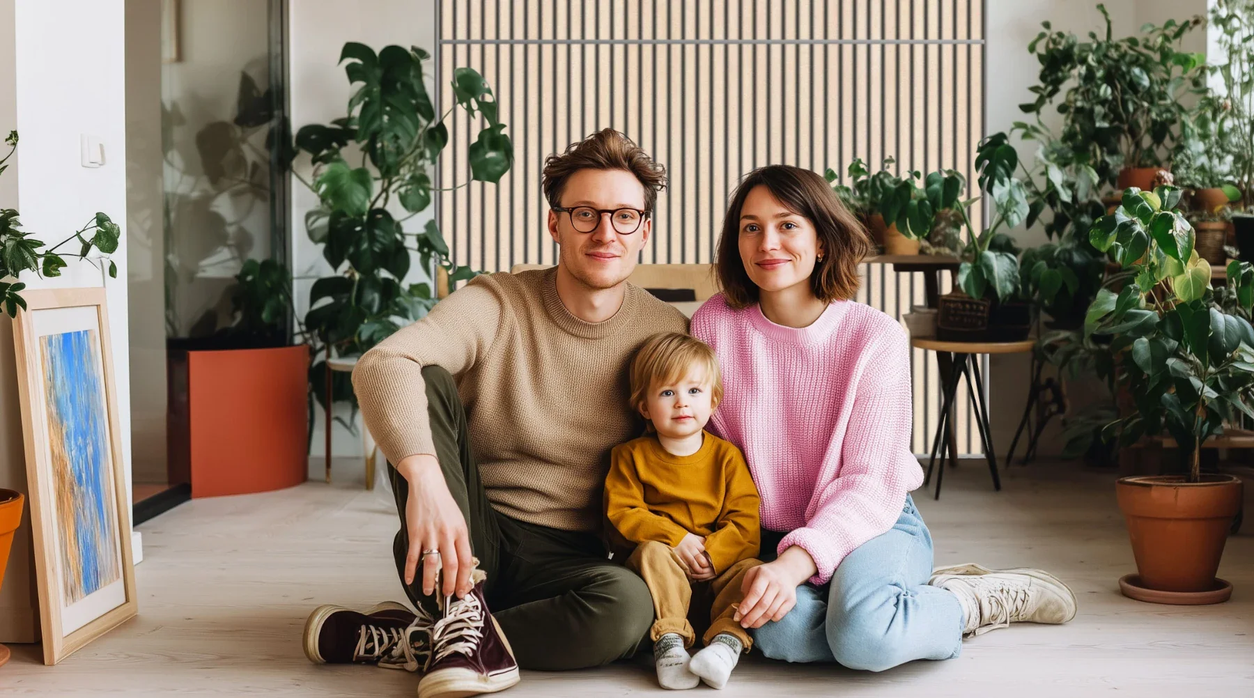 Eine Familie (Mann, Frau, Sohn) sitzt zusammen auf dem Boden im Wohnzimmer und verbringt Zeit miteinander